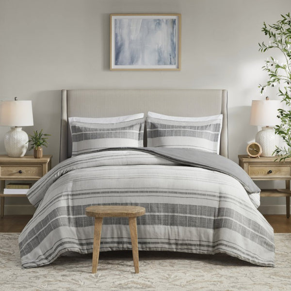 JLA Home Rhodes Stripe Cotton Blend Duvet Cover Set with Linen Texture for Modern Farmhouse Bedrooms MP12-8373