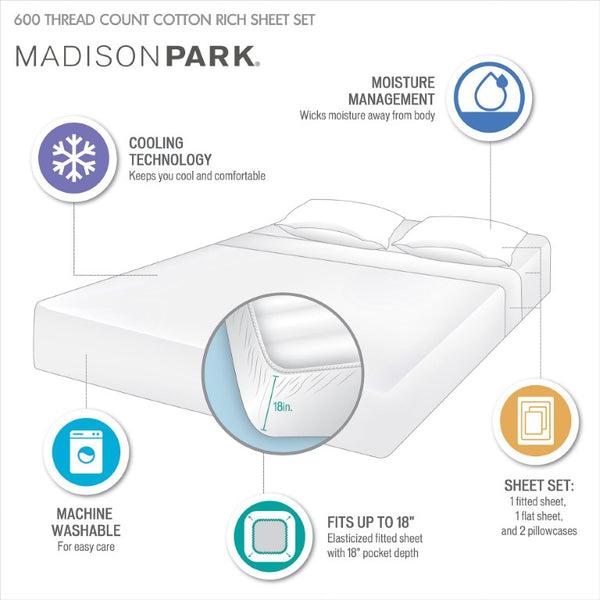 JLA Home 600 Thread Count Sateen Weave Cooling Cotton Blend Sheet Set for Hot Sleepers MP20-8986