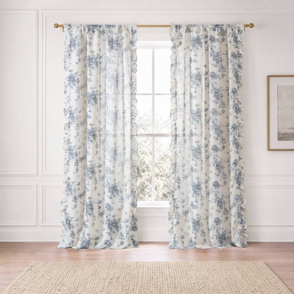 JLA Home Adele Botanical Floral Ruffle Linen Blend Window Panel for Farmhouse Cottage Rooms Blue 42 W x 84 L MP40-9081