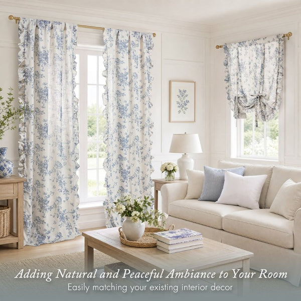 JLA Home Adele Botanical Floral Ruffle Linen Blend Window Panel for Farmhouse Cottage Rooms Blue 42 W x 84 L MP40-9081