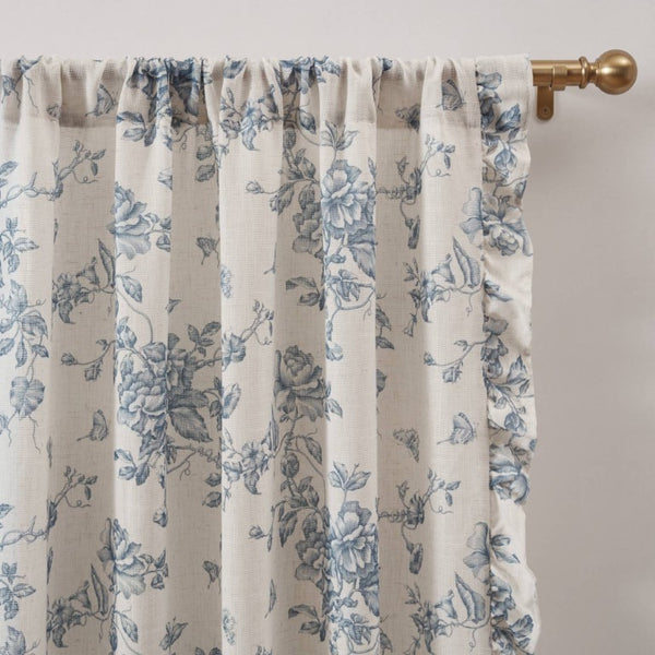 JLA Home Adele Botanical Floral Ruffle Linen Blend Window Panel for Farmhouse Cottage Rooms Blue 42 W x 84 L MP40-9081