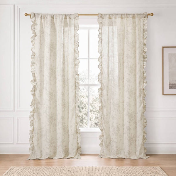 JLA Home Adele Botanical Floral Ruffle Linen Blend Window Panel for Farmhouse Cottage Rooms Neutral 42 W x 84 L MP40-9082