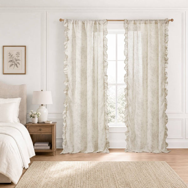 JLA Home Adele Botanical Floral Ruffle Linen Blend Window Panel for Farmhouse Cottage Rooms Neutral 42 W x 84 L MP40-9082