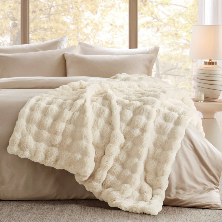 JLA Home Vivienne Faux Fur Throw Blanket with Bubble Weave Face and Velvet Reverse Bubble Ivory MP50-8817