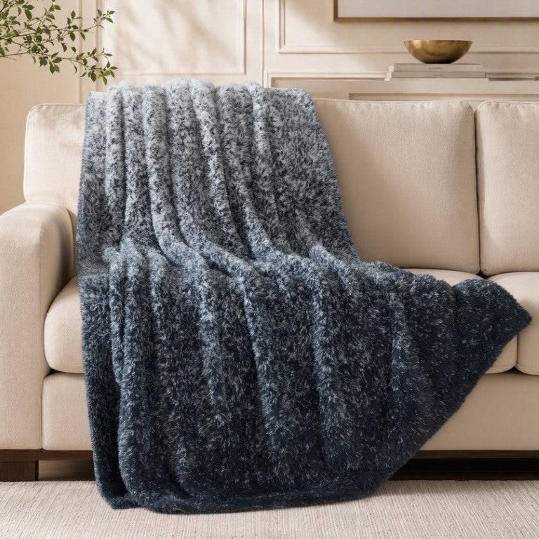 JLA Home Ombre Faux Fur Knit Throw Plush High-Low Pile Polyester Blanket for Sofa or Bed Blue Ombre MP50-8827
