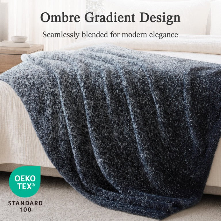 JLA Home Ombre Faux Fur Knit Throw Plush High-Low Pile Polyester Blanket for Sofa or Bed Blue Ombre MP50-8827