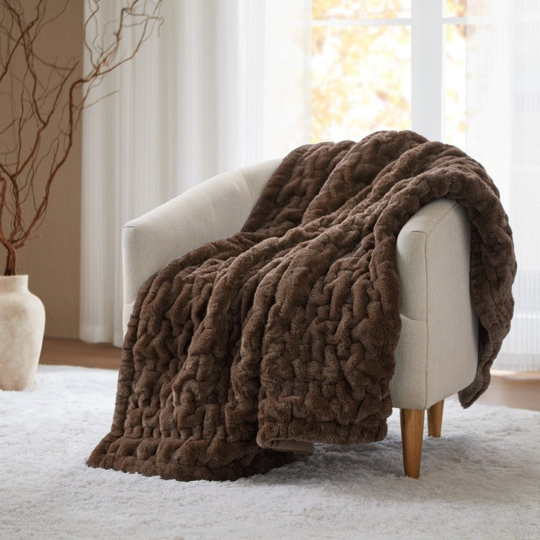 JLA Home Ruched Faux Fur Reversible Throw Blanket with Plush Mink Backing for Sofa or Bed MP50-8833