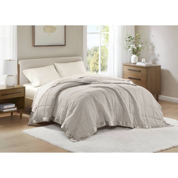 JLA Home Windom Box Quilted Hypoallergenic Microfiber Blanket with Satin Trim for All Seasons Grey 68 W x 90 L MP51-1533