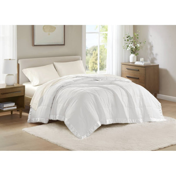 JLA Home Windom Box Quilted Hypoallergenic Microfiber Blanket with Satin Trim for All Seasons White 68 W x 90 L MP51-1613