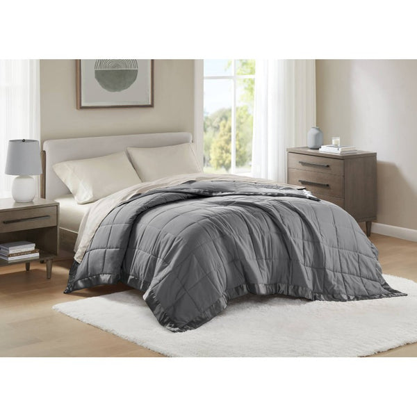 JLA Home Windom Box Quilted Hypoallergenic Microfiber Blanket with Satin Trim for All Seasons Charcoal 90 W x 90 L MP51-5149
