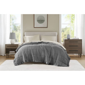 JLA Home Windom Box Quilted Hypoallergenic Microfiber Blanket with Satin Trim for All Seasons Charcoal 90 W x 90 L MP51-5149