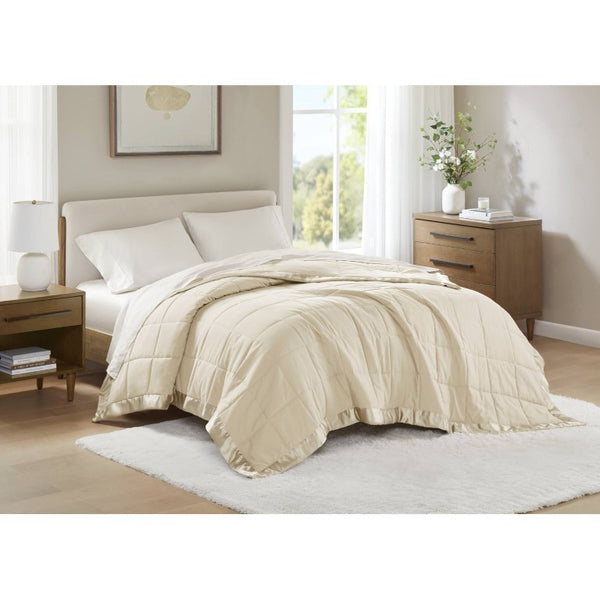 JLA Home Windom Box Quilted Hypoallergenic Microfiber Blanket with Satin Trim for All Seasons Cream 68 W x 90 L MP51-538