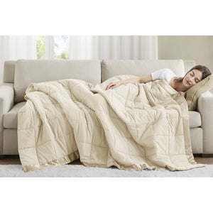 JLA Home Windom Box Quilted Hypoallergenic Microfiber Blanket with Satin Trim for All Seasons Cream 68 W x 90 L MP51-538