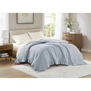 JLA Home Windom Box Quilted Hypoallergenic Microfiber Blanket with Satin Trim for All Seasons Blue 68 W x 90 L MP51-541