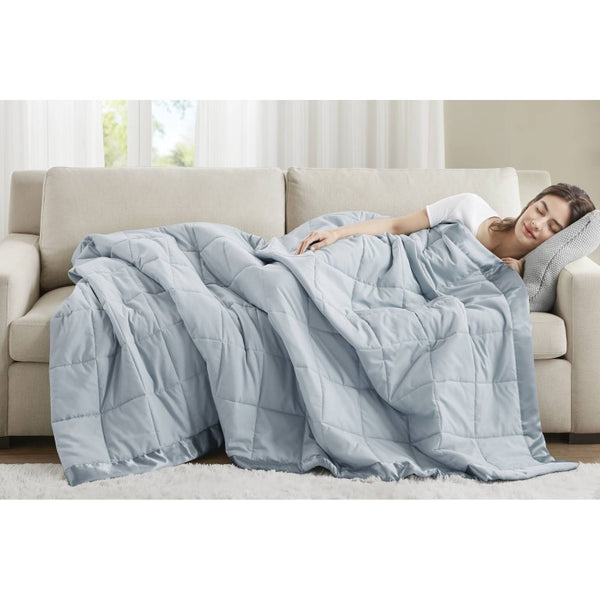 JLA Home Windom Box Quilted Hypoallergenic Microfiber Blanket with Satin Trim for All Seasons Blue 68 W x 90 L MP51-541