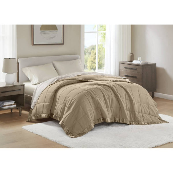 JLA Home Windom Box Quilted Hypoallergenic Microfiber Blanket with Satin Trim for All Seasons Brown 108 W x 90 L MP51-546
