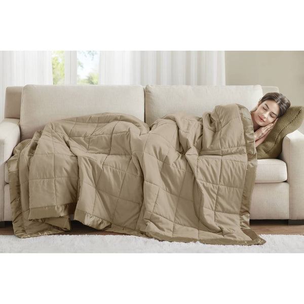 JLA Home Windom Box Quilted Hypoallergenic Microfiber Blanket with Satin Trim for All Seasons Brown 108 W x 90 L MP51-546