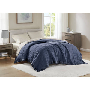 JLA Home Windom Box Quilted Hypoallergenic Microfiber Blanket with Satin Trim for All Seasons Navy 68 W x 90 L MP51-6698