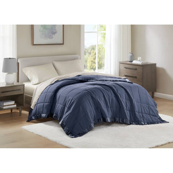 JLA Home Windom Box Quilted Hypoallergenic Microfiber Blanket with Satin Trim for All Seasons Navy 68 W x 90 L MP51-6698
