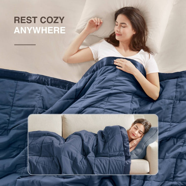 JLA Home Windom Box Quilted Hypoallergenic Microfiber Blanket with Satin Trim for All Seasons Navy 68 W x 90 L MP51-6698