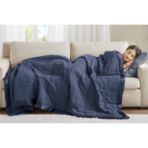 JLA Home Windom Box Quilted Hypoallergenic Microfiber Blanket with Satin Trim for All Seasons Navy 68 W x 90 L MP51-6698
