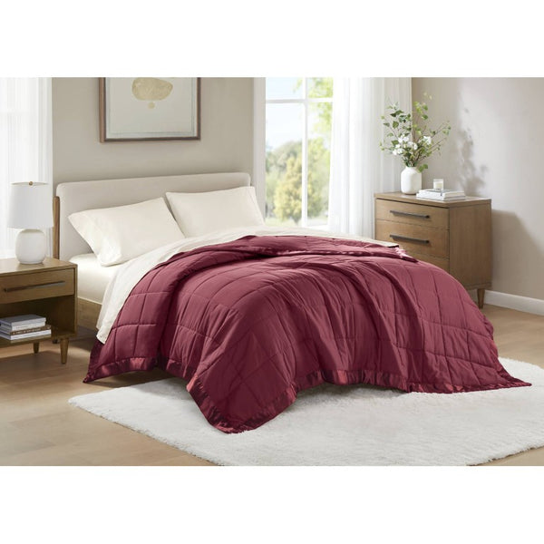 JLA Home Windom Box Quilted Hypoallergenic Microfiber Blanket with Satin Trim for All Seasons Burgundy 68 W x 90 L MP51-8134