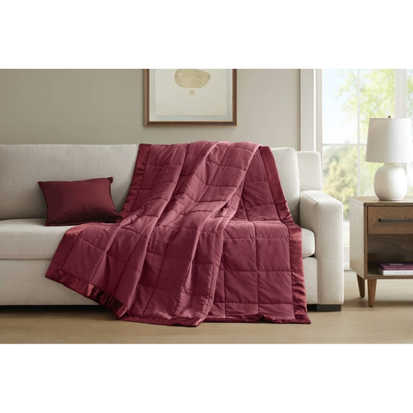 JLA Home Windom Box Quilted Hypoallergenic Microfiber Blanket with Satin Trim for All Seasons Burgundy 90 W x 90 L MP51-8135
