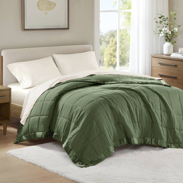 JLA Home Windom Box Quilted Hypoallergenic Microfiber Blanket with Satin Trim for All Seasons Green 68 W x 90 L MP51-8646