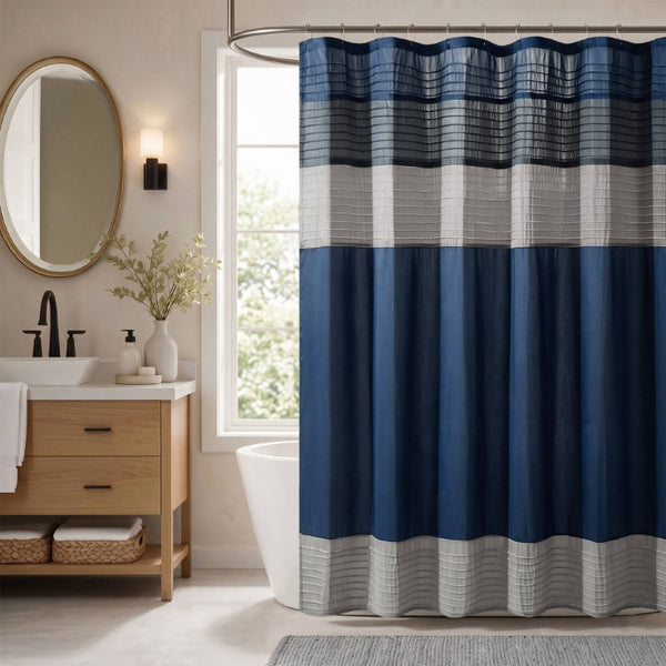 JLA Home Amherst Dupioni Faux Silk Pintuck Shower Curtain with Tailored Panel Design Navy 72 W x 84 L MP70-8820
