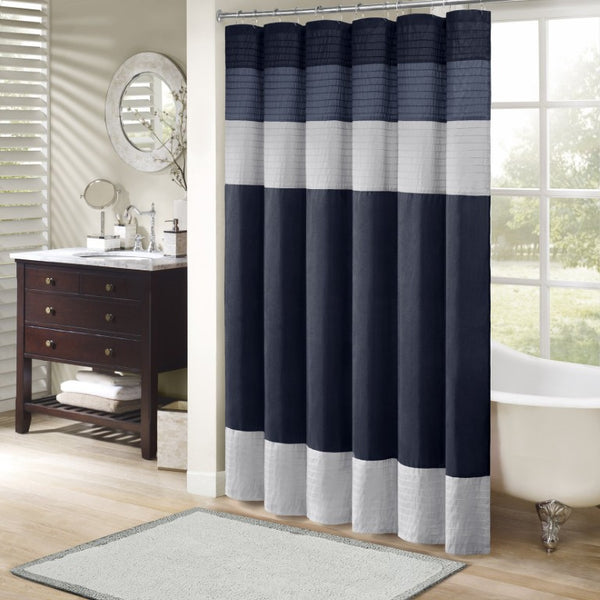 JLA Home Amherst Dupioni Faux Silk Pintuck Shower Curtain with Tailored Panel Design Navy 72 W x 84 L MP70-8820