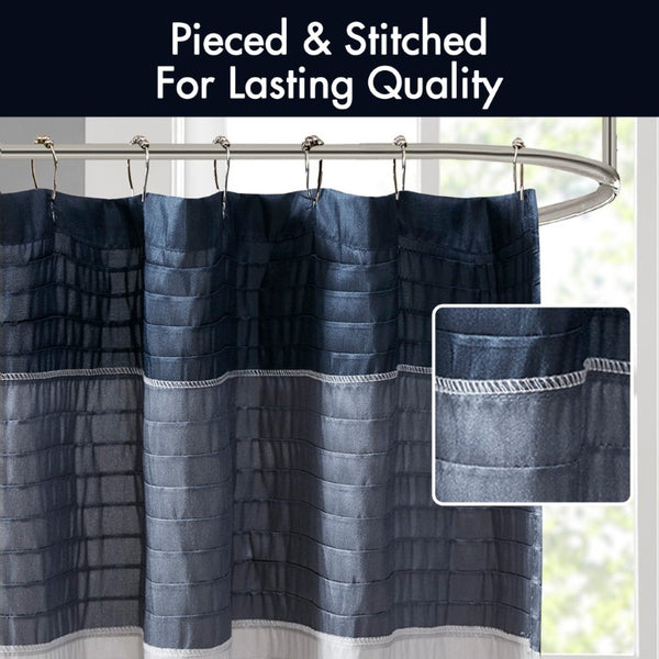 JLA Home Amherst Dupioni Faux Silk Pintuck Shower Curtain with Tailored Panel Design Navy 72 W x 84 L MP70-8820