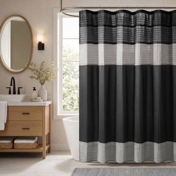 JLA Home Amherst Dupioni Faux Silk Pintuck Shower Curtain with Tailored Panel Design Black 72 W x 84 L MP70-8823