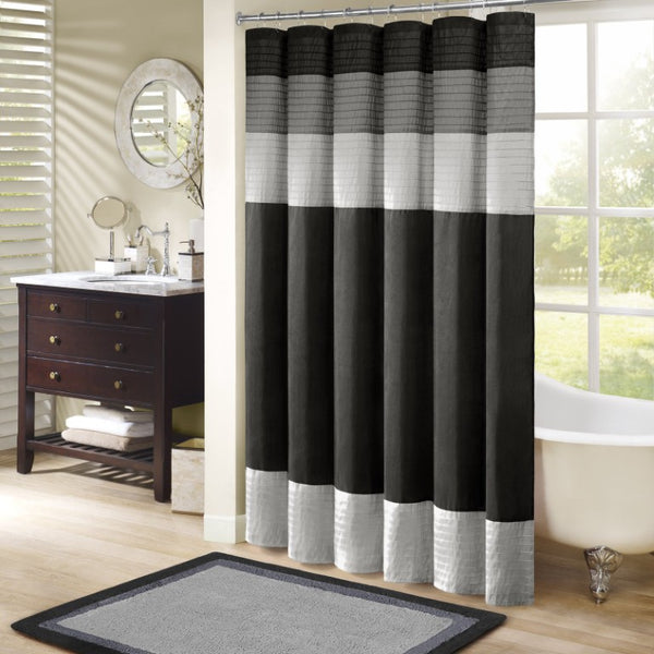 JLA Home Amherst Dupioni Faux Silk Pintuck Shower Curtain with Tailored Panel Design Black 72 W x 84 L MP70-8823