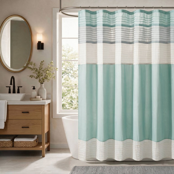 JLA Home Amherst Dupioni Faux Silk Pintuck Shower Curtain with Tailored Panel Design Aqua 72 W x 84 L MP70-8825