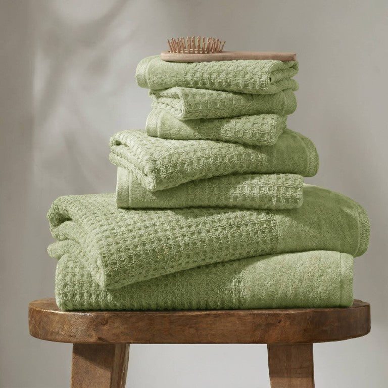 JLA Home Spa Waffle Jacquard Combed Cotton 6 Piece Bath Towel Set with Dual Texture Weave Sage Green MP73-8901