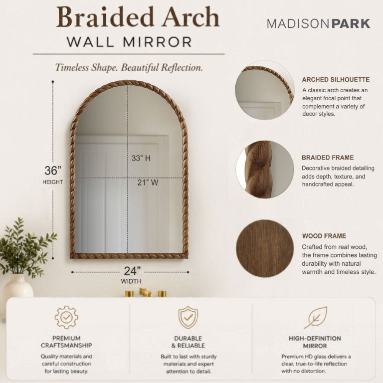 JLA Home Montra Hand-Braided Rubberwood Arched Wall Mirror Bohemian Entryway Accent Natural MP95F-0367