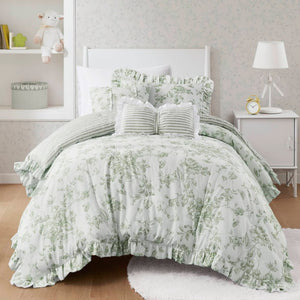 JLA Home Adele Sage Ruffled Microfiber Comforter Set with Reversible Striped Bedding Shams 66 W x 90 L MPE10-1206