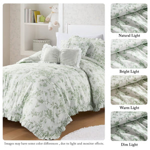 JLA Home Adele Sage Ruffled Microfiber Comforter Set with Reversible Striped Bedding Shams 66 W x 90 L MPE10-1206