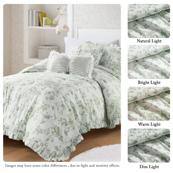 JLA Home Adele Sage Ruffled Microfiber Comforter Set with Reversible Striped Bedding Shams 66 W x 90 L MPE10-1206