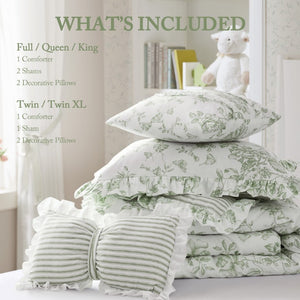 JLA Home Adele Sage Ruffled Microfiber Comforter Set with Reversible Striped Bedding Shams 66 W x 90 L MPE10-1206