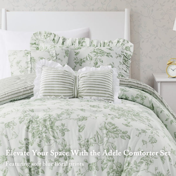 JLA Home Adele Sage Ruffled Microfiber Comforter Set with Reversible Striped Bedding Shams 66 W x 90 L MPE10-1206