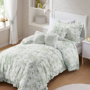 JLA Home Adele Sage Ruffled Microfiber Comforter Set with Reversible Striped Bedding Shams 66 W x 90 L MPE10-1206