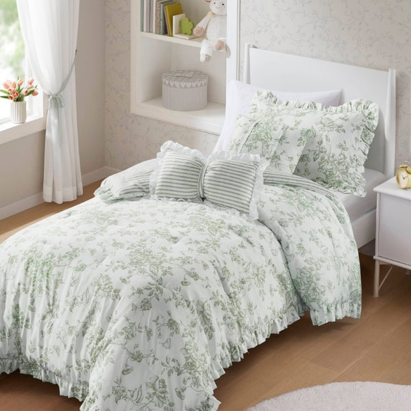 JLA Home Adele Sage Ruffled Microfiber Comforter Set with Reversible Striped Bedding Shams 66 W x 90 L MPE10-1206