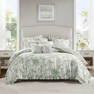 JLA Home Adele Sage Ruffled Microfiber Comforter Set with Reversible Striped Bedding Shams 90 W x 90 L MPE10-1207
