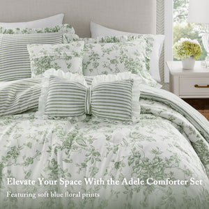 JLA Home Adele Sage Ruffled Microfiber Comforter Set with Reversible Striped Bedding Shams 90 W x 90 L MPE10-1207