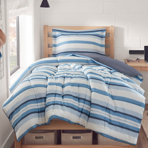 JLA Home Parkston Plaid Stripe Microfiber Comforter Set with Scotchgard All Season Warmth Blue Wesley Stripe Twin MPE10-1250