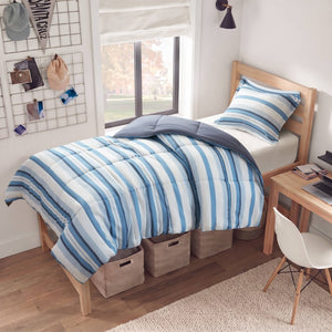 JLA Home Parkston Plaid Stripe Microfiber Comforter Set with Scotchgard All Season Warmth Blue Wesley Stripe Twin MPE10-1250