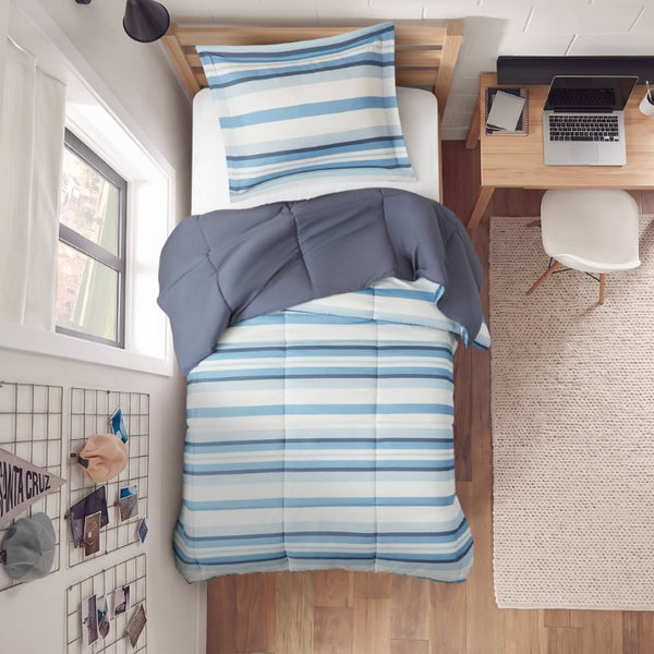 JLA Home Parkston Plaid Stripe Microfiber Comforter Set with Scotchgard All Season Warmth Blue Wesley Stripe Twin MPE10-1250