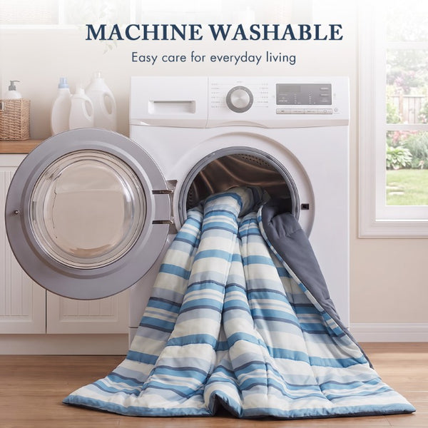 JLA Home Parkston Plaid Stripe Microfiber Comforter Set with Scotchgard All Season Warmth Blue Wesley Stripe Queen MPE10-1251