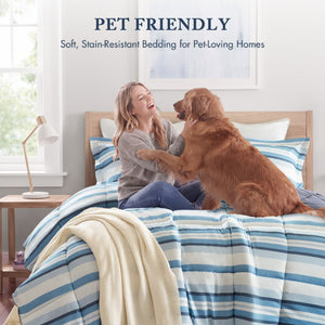 JLA Home Parkston Plaid Stripe Microfiber Comforter Set with Scotchgard All Season Warmth Blue Wesley Stripe Queen MPE10-1251
